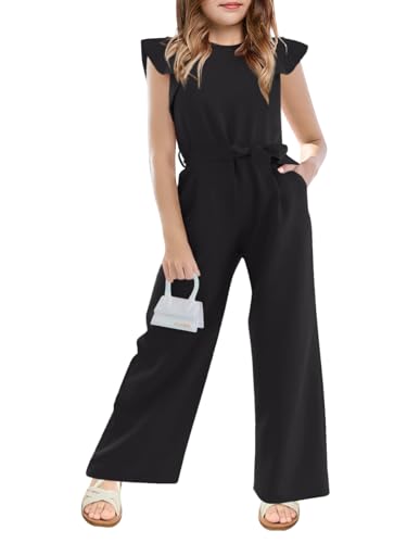 Haloumoning Girls Jumpsuit Kids Fashion Cap Sleeve Belted Wide Leg Romper One Piece Summer Outfits