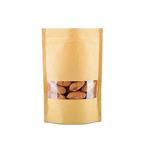 DecentGadget® 50PCS Reusable Ziplock Grip Seal Bags Waterproof Kraft Paper Stand Up Pouches with Transparent Window Food Storage Pouches for Coffee Bean Tea Leaf Snacks Cookie (20 * 14cm 50pcs)