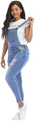 Women Denim Bib Overall Distressed Stretch Twill Jumpsuits