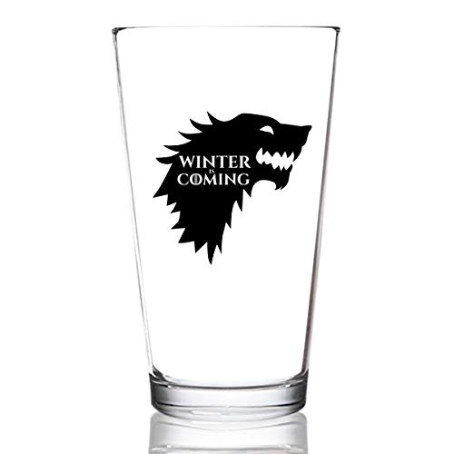 Game of Thrones Inspired Beer Glass (16 oz)- Stark Royal House of Westeros with Sigil & Motto Winter is Coming- Gift for Dad, Men, Friends, Him or GOT Fan- Made in USA- Fun GOT Watch Party Supplies