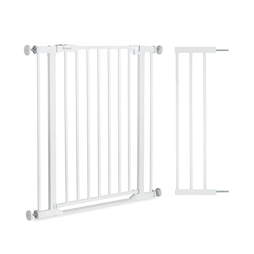 hauck Clear Step 2 + Estensione da 21 cm, Bianco - Cancelletto per Bambini Cani, Larghezza Regolabile da 96 a 101 cm, Alto 77 cm, Base Piatta, Apribile con una Mano in Entrambe Direzioni, per Interno