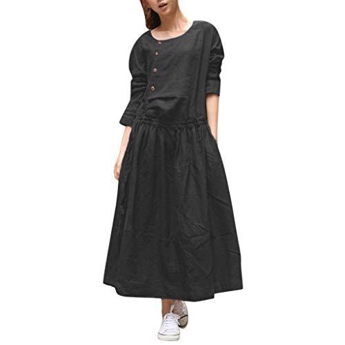 Sengei Women Loose Long Sleeve Crew Collar Dresses Side Button Aline Summer Casual Maxi Overalls Dresses with Pocket (S, Black)