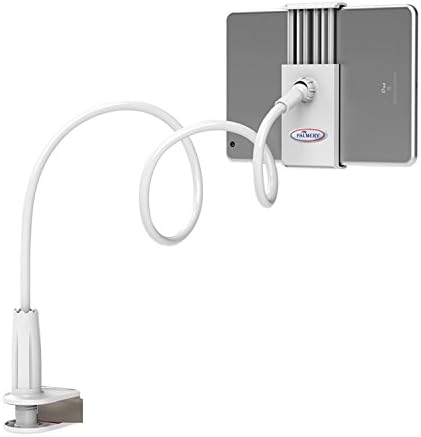 Palmery Gooseneck Lazy Mount for iPhone iPad Stand Tablet Mount Holder Cellphone Bolt Clamp with Spring Girp for Smartphone or Tablet Devices 4-10.1" 360 Degree Rotating 28" Flexible Arm (White)