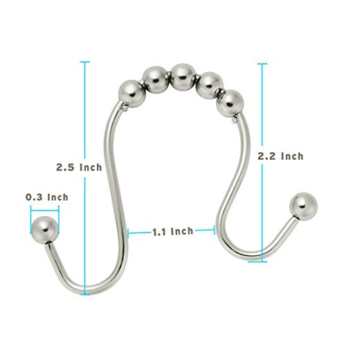Double Head Shower Curtain Hooks Rings, Stainless Steel Heavy Duty Roller Double Glide Shower Hooks for Bathroom Shower Rod Curtains Liners,Polished Shower Curtain Rings Set of 12 (Polished Chrome) - Thumbnail 4