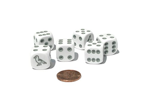 Set of 6 Seagull 16mm D6 Round Edged Koplow Animal Dice - White with Gray Pips