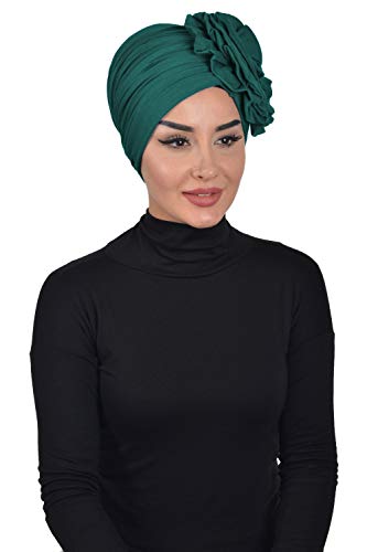 Instant Turban Cotton Scarf Head Wrap Cancer Chemo Headwear Rose Detail D Green