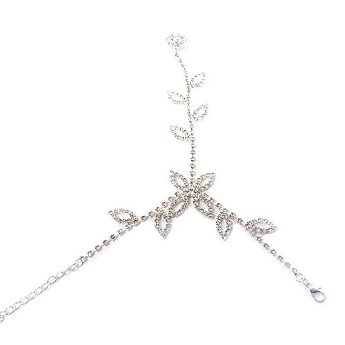 yueton Rhinestone Leaf Hand Harness Bracelet Bangle Fashion Ankle Bracelet Anklet with Chain Link Finger Ring for Women Sandals Beach Foot Jewelry Accessories Pack of 2