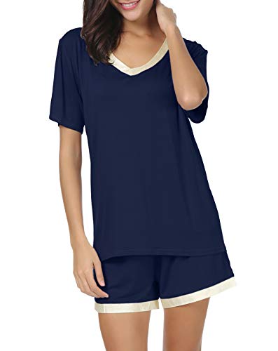 Invug Women Short Sleeve T Shirt and Shorts Pajamas Sleepwear Set Loungewear Navy L - Thumbnail 3