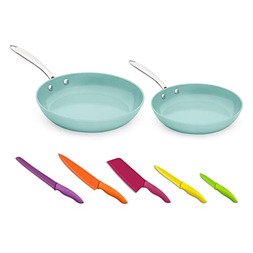 JADECOOK Juego de 2 Sartenes Nueva Generación con Kit Cuchillos Profesionales Sartén 20 cm y Sartén 24 cm con Nueva Tecnología Antiadherente Kit 5 Cuchillos Profesionales