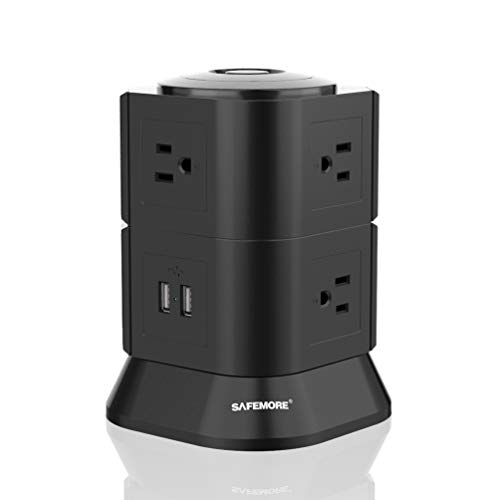 Black Surge Protector with USB SAFEMORE Power Strip Tower USB Charger 7 Outlets 2 USB Desk Plug Station with Overload Protection and 6.5ft Power Cable for Wireless Devices, Great Home decoration