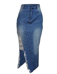 Voghtic Casual Azul Desgastado Ripped Denim Jean Midi Bodycon Falda Más Tamaño Bolsillos