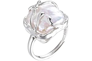 HETICA Irregular Pearl Ladies Silver Ring, Baroque Pearl Ring 925 Sterling Silver Ring, Fashion Statement Ring Suitable for Woman Girl's Daily Birthday Anniversary Valentine's Day Gift