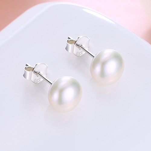 Alyc Pearl Earrings 9mm Freshwater Pearl White Button Stud Earrings with 925 Sterling Silver for Women(9.0-9.5mm)