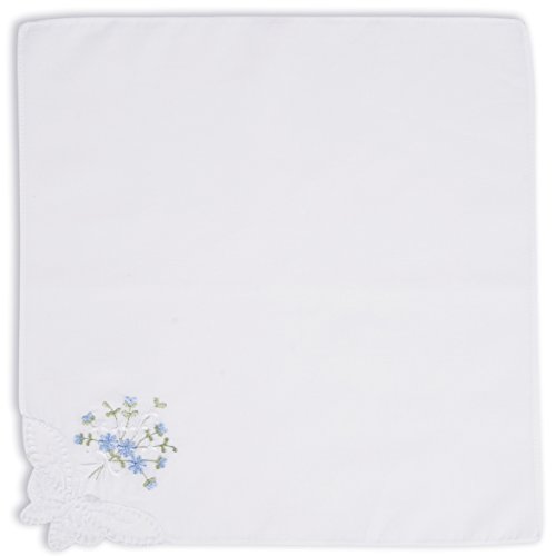Selected Hanky Ladies/Women's Cotton Handkerchief Flower Embroidered with Lace 6 Pack - Blue Floral