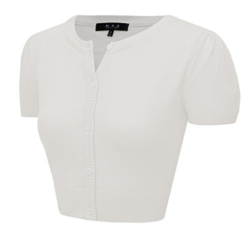 YEMAK Puffed Cap Sleeve Cropped Sweater Cardigan Crewneck VintageInspired CB0536-WHT-L - Thumbnail 2