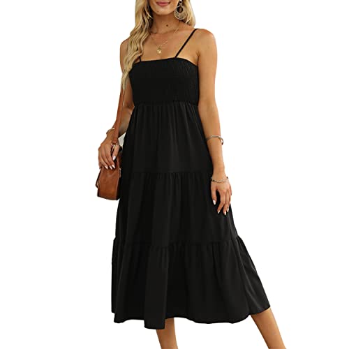 Women\'s Summer Maxi Dress Casual Bohemian Floral Flowy Smocked Sundress Tiered Swing A Line Tiered Cocktail Sleeveless Black