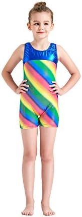 Kql Leotards Rainbow Gymnastics Shiny Tank Unitards Shortall Girl Kids Dancewear Biketards 3-12Y
