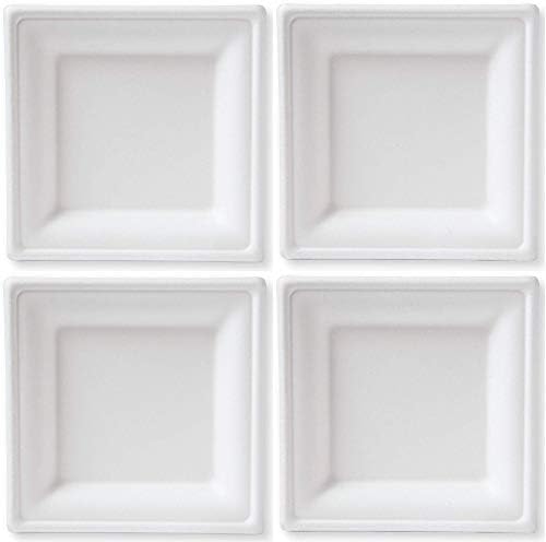 Susty Party 6-Inch Compostable Square Plates, 50-Count, Sugarcane Fiber (Bagasse) Tree-Free Heavy Duty Disposable Biodegradable Plate for Dessert, White (4-(Pack))