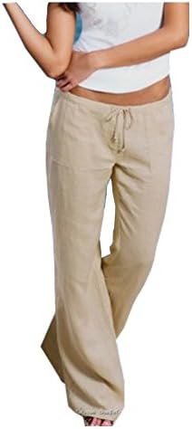 Natsuki Women's Drawstring Cotton Linen Wide Leg Long Pants with Pockets Band Waist