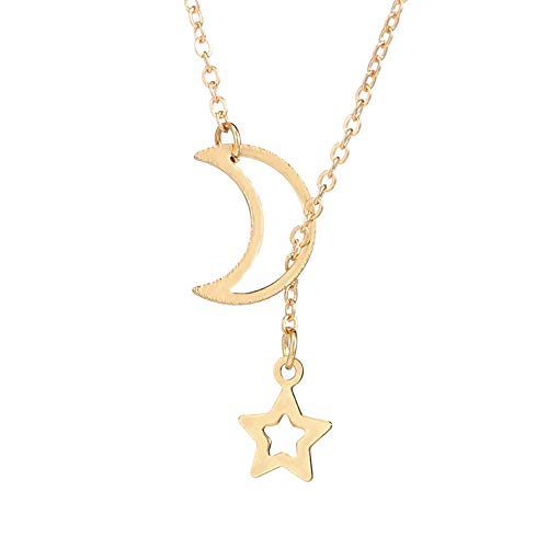Women Lariat Necklace,Haluoo 925 Sterling Silver Moon Star Y Necklace Crescent Moon Pendant Necklace Delicate Gold Star Pendant Necklace Girls Moon Star Lariat Jewelry (Gold)
