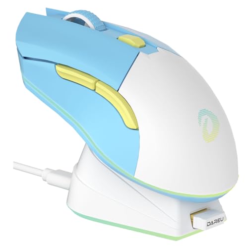 DAREU Blau Kabellose Gaming Maus mit Magnetic Ladestation Wiederaufladbar RGB, 12K DPI, 6 Programmierbare Tasten Hochpräziser Sensor 300IPS 1000 Hz fü