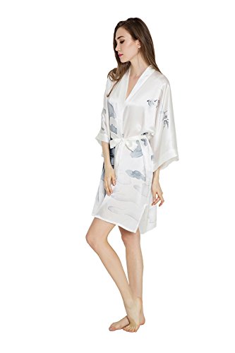 Old Shanghai Women's Silk Kimono Short Robe - Handpainted, Lotus Black & White