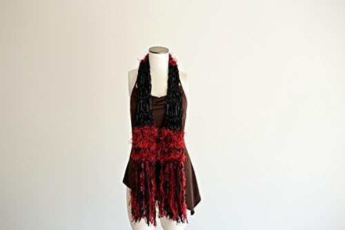 Scarf, Black Cherry Red Scarf Hand Knit Ribbon Scarf with Fringe Red and Black Scarf