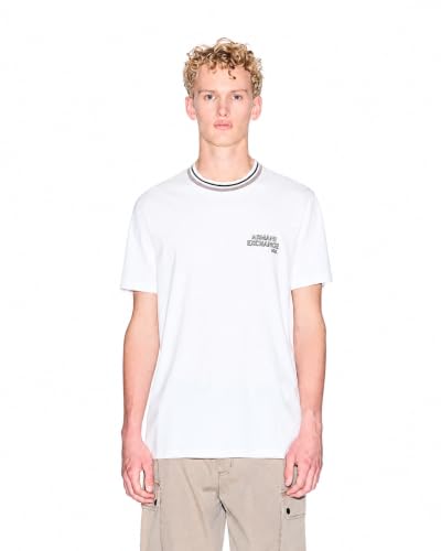 Armani Exchange One Block Up, Ribbed Crewneck with Contrast Color, Embroidered Logo T-Shirt, Blanc cassé, XL Hommes