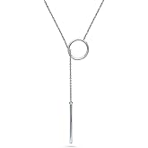BERRICLE Sterling Silver Open Circle Bar Lariat Necklace for Women, Rhodium Plated 16 inch