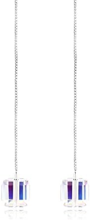 OUXi Sterling Silver Long Threader Cross Ear Drop Dangle Earrings with Austrian Crystal for Women