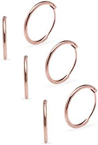 Sterling Silver Endless Hoop Earrings Thin Round Three Pair Set in Size 10mm for Cartilage, Nose and Lips (Rose Gold Flash Sterling Silver)