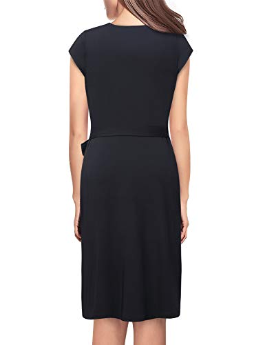 Lotusmile Black Dresses for Women Fit and Flare Midi Bodycon Ladies V Neck Cap Sleeve Cocktail Wrap Dress Special Occasion