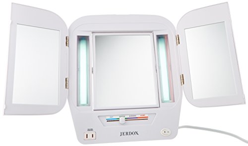Jerdon JGL10W Euro Tri-Fold Lighted Mirror with 5x Magnification, 4-Light Settings, White Finish
