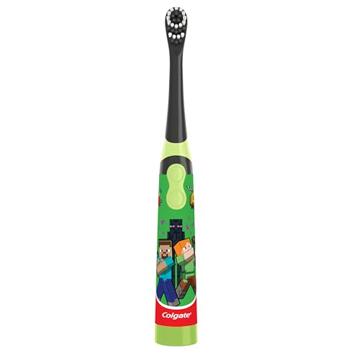 COLGATE KIDS BATTERY POWERED MINECRAFT TOOTHBRUSH, EXTRA SOFT KIDS BATTERY TOOTHBRUSH WITH 1 AA BATTERY INCLUDED, MADE FOR AGES 3 AND UP, FEATURES EASY ON AND OFF SWITCH, FLAT LAY HANDLE, 1 COUNT