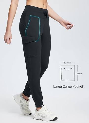BALEAF WOMEN’S FLEECE LINED JOGGER PANTS HIKING WATER RESISTANT THERMAL HIGH WAIST CARGO POCKETS TRAVEL WINTER BLACK M