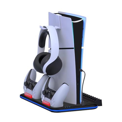 LIFUFUTEE PS5 Stand Cooling Station for PS 5 Disc & Digital Console, Controller Charging Station for PlayStation 5 Slim, PS5 Accessories with Cooler Fan for PS3 Skins with 15 Game Slot