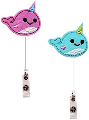 Badge Reel - VOTENVO 24" Retractable Handmade Cloth Badge Holder - Cute Cartoon Unicorn Whale Cloth Art Badge Holder Reel for ID Name Card with 360° Swivel Alligator Clip, 2 Pack (Narwhal)