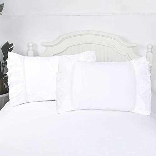 Eyelet Pillow Shams Ruffled King Bright White Shabby Chic Lace Set of 2