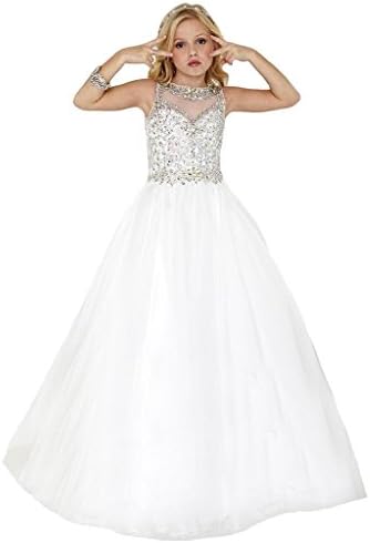 Girls' White Scoop Beaded Crystal Full Party Gown Pageant Dresses