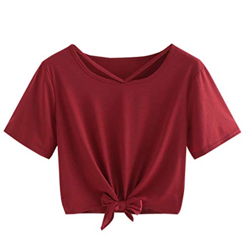 Women Teen Girl Crop Tops Cute Saturn Star Print Short Sleeve Fashion T Shirt Blouse (Wine 1, L)