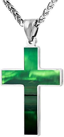 ZHJshuer Aurora Light Ice Island Cross Necklace for Men Women Religious Jewelry Enamel Pendant