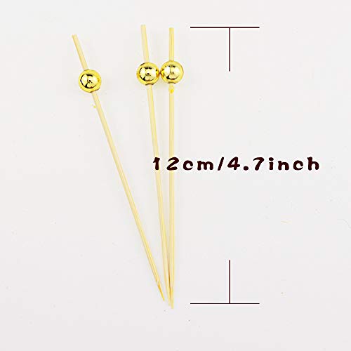 DLOnline 200 Counts 4.7 Inches Gold Pearl Fruit Sticks,Handmade Cocktail Picks,Sticks Wooden Toothpicks Party Supplies