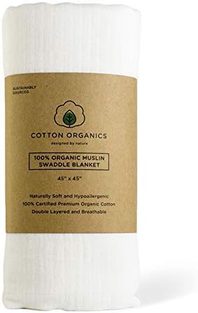 Cotton Organics Muslin Swaddle Blanket, Extra Soft and Hypoallergenic Organic Cotton, Muslin Swaddle Blankets for a Baby Boy or Girl (Set of 1) (White)