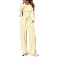 Trendy Queen Women's 2 Piece Matching Lounge Set Long Sleeve Side Ruching Top Wide Leg Drawstring Pants Set with Pockets