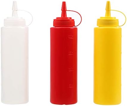 Bingpong 3pcs 240ml/360ml/500ml/680ml Plastic BBQ Squeeze Bottle Condiment Dispenser with Cap for Sauce Ketchup Gravy Cruet Kitchen Gadgets (White, 16 Ounce-500ml)