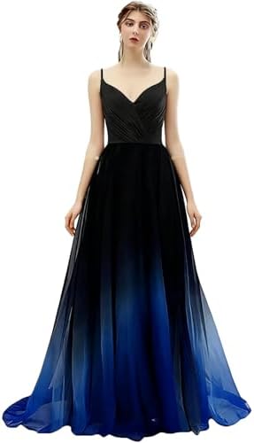 black blue ombre prom dress Spaghetti Straps Dark Blue Long Princess Sweetheart Satin Prom Dresses With Lace Top