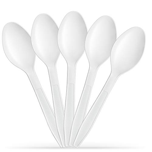 Plastimade Extra Heavyweight White Plastic Disposable Soup Spoons. 300 Pack