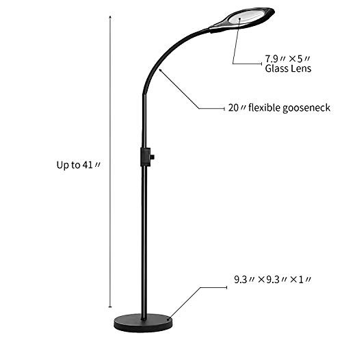 Joypea 2X-4X LED Magnifying Floor Lamp,Height Adjustable Gooseneck Standing Light,Adjustable Color Temperature 3000K-5500K,Perfect for Reading,Task Crafts- Black
