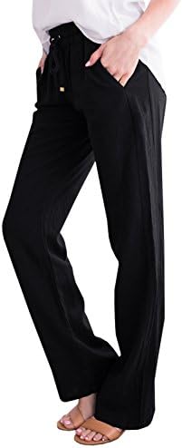 Geckatte Womens Casual Linen Pants Comfy Elastic Waist Drawstring Loose Long Pants with Pockets