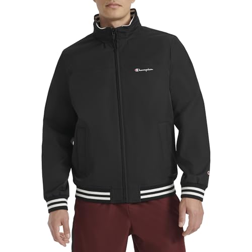 Champion Men’s Water Resistant Varsity Bomber Jacket with Flex Stand Collar, Black
